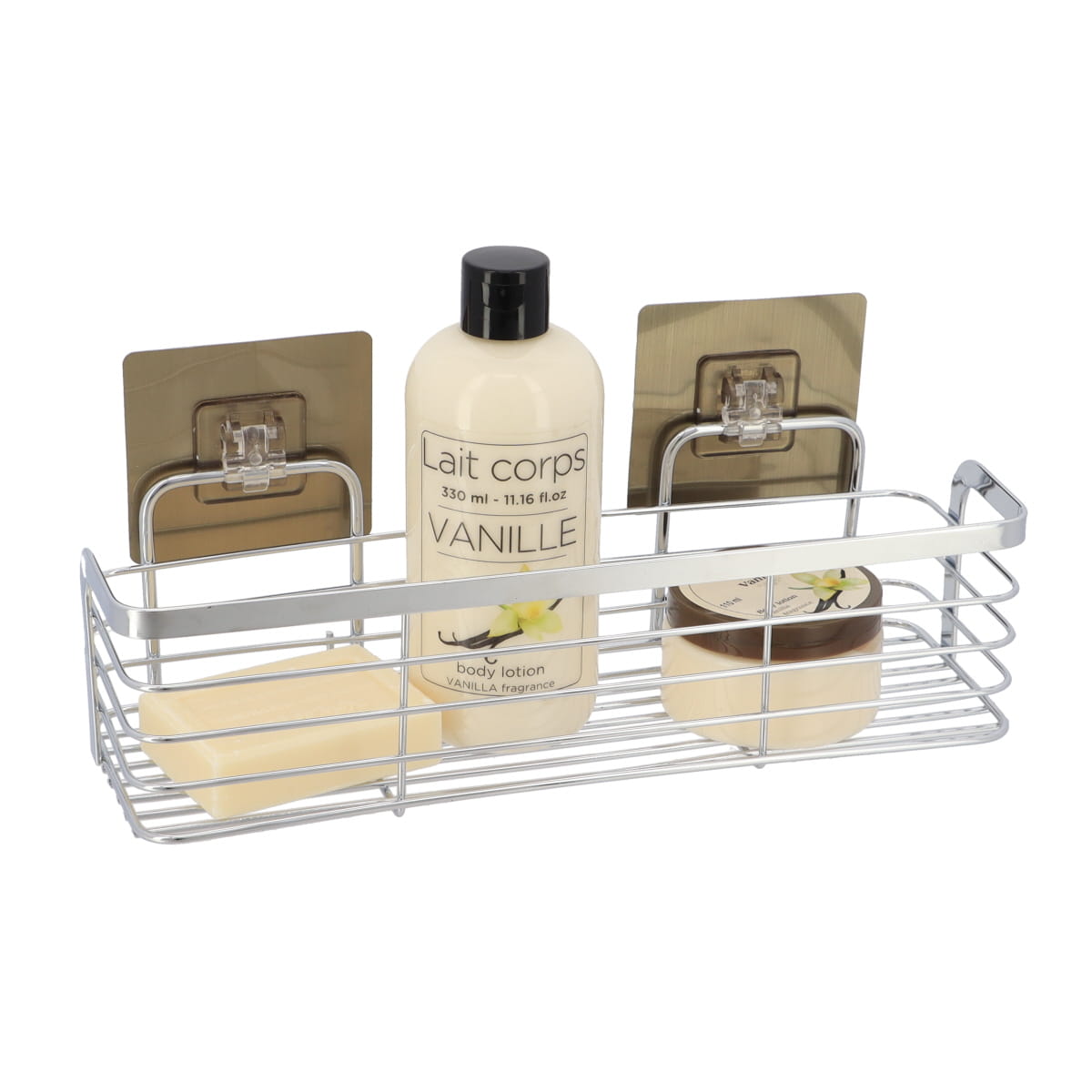 Coș de duș rectangular mic din inox – adeziv 3M – finisaj cromat