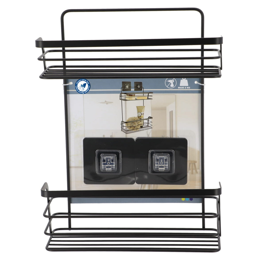 Etajeră de duș cu 2 rafturi din inox – adeziv 3M – negru mat