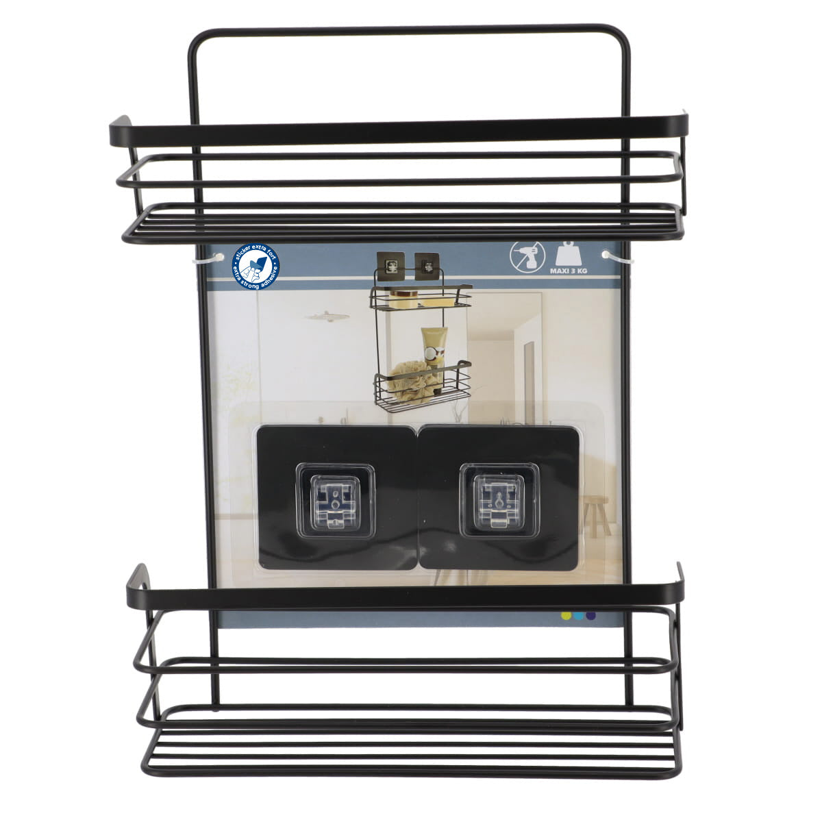 Etajeră de duș cu 2 rafturi din inox – adeziv 3M – negru mat