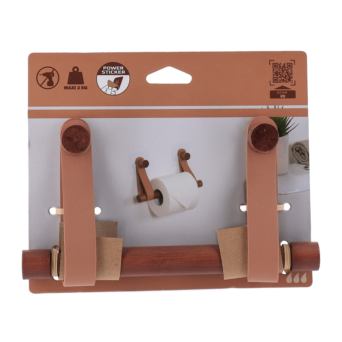 Dispenser hârtie igienică din bambus + curea imitație piele pe sticker – DARK NATURAL