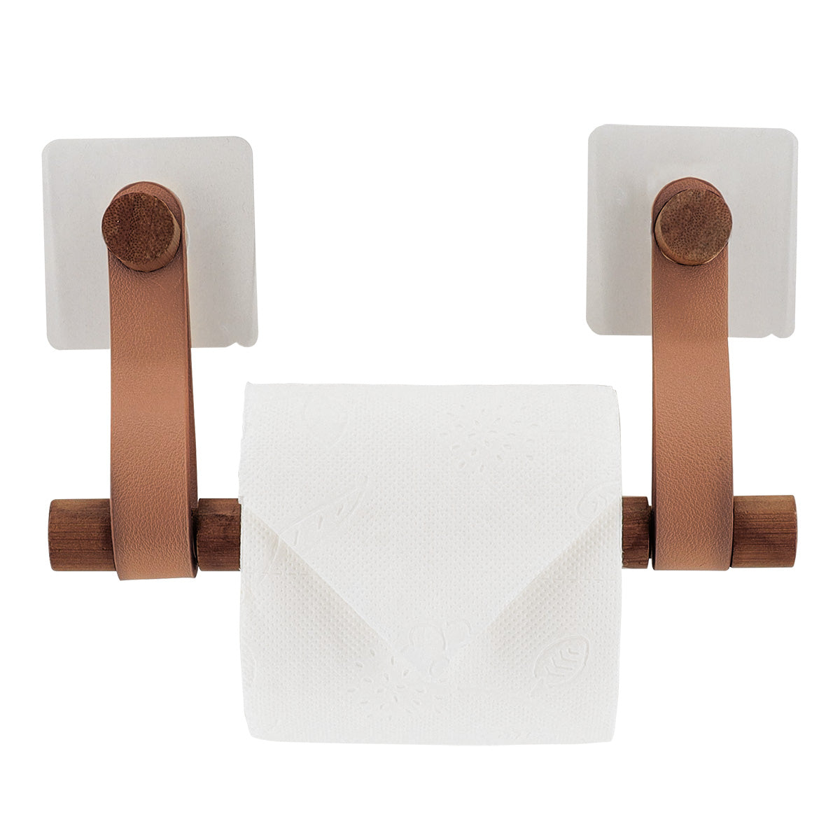 Dispenser hârtie igienică din bambus + curea imitație piele pe sticker – DARK NATURAL