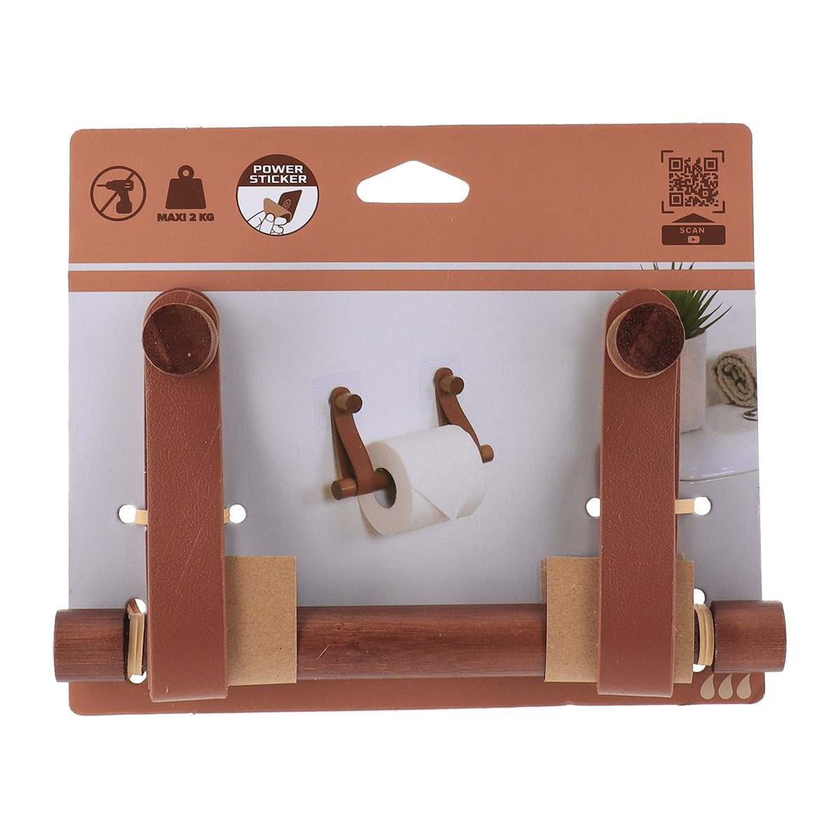 Dispenser hârtie igienică din bambus + curea imitație piele pe sticker – AMBER