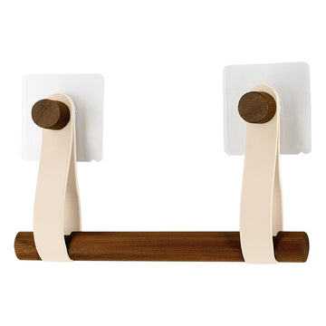 Dispenser hârtie igienică din bambus + curea imitație piele pe sticker – CREAM