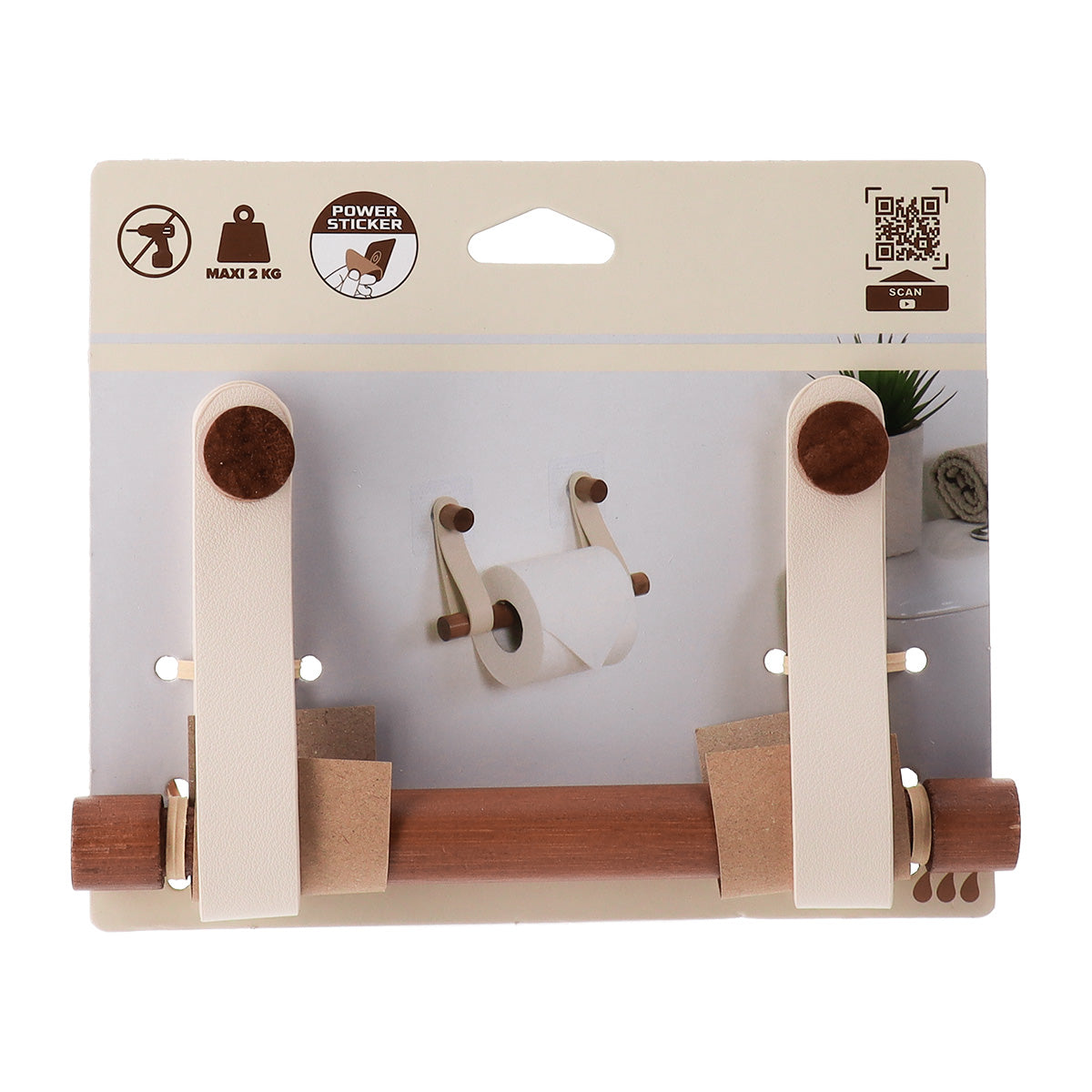 Dispenser hârtie igienică din bambus + curea imitație piele pe sticker – CREAM