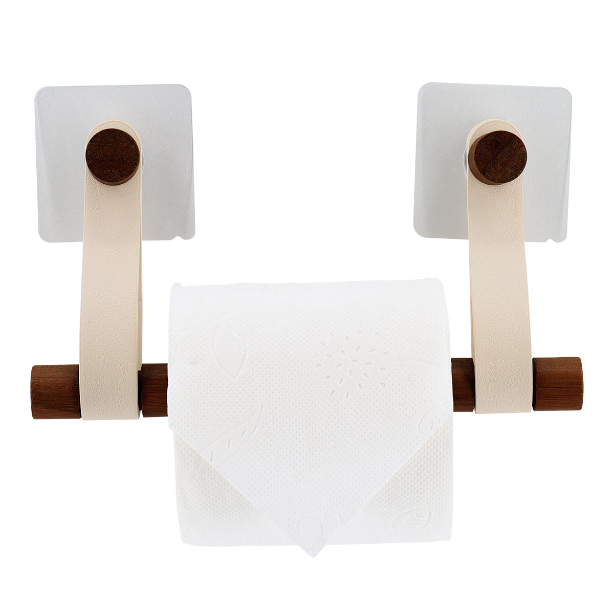 Dispenser hârtie igienică din bambus + curea imitație piele pe sticker – CREAM