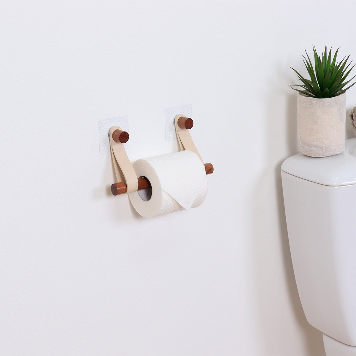 Dispenser hârtie igienică din bambus + curea imitație piele pe sticker – CREAM