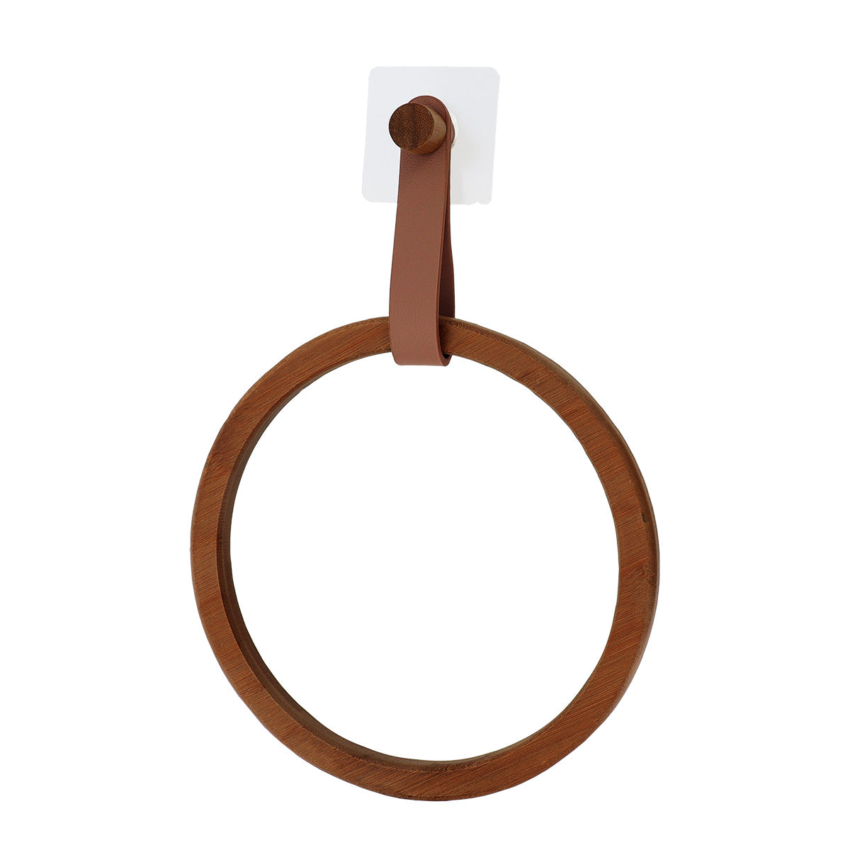 Suport prosop rotund din bambus + curea imitație piele pe sticker – DARK NATURAL