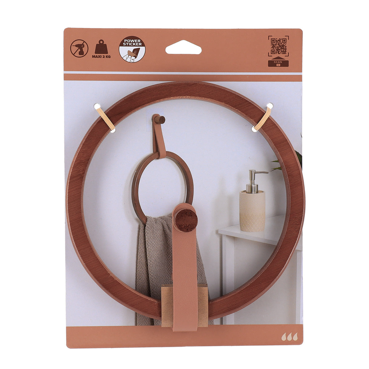 Suport prosop rotund din bambus + curea imitație piele pe sticker – DARK NATURAL