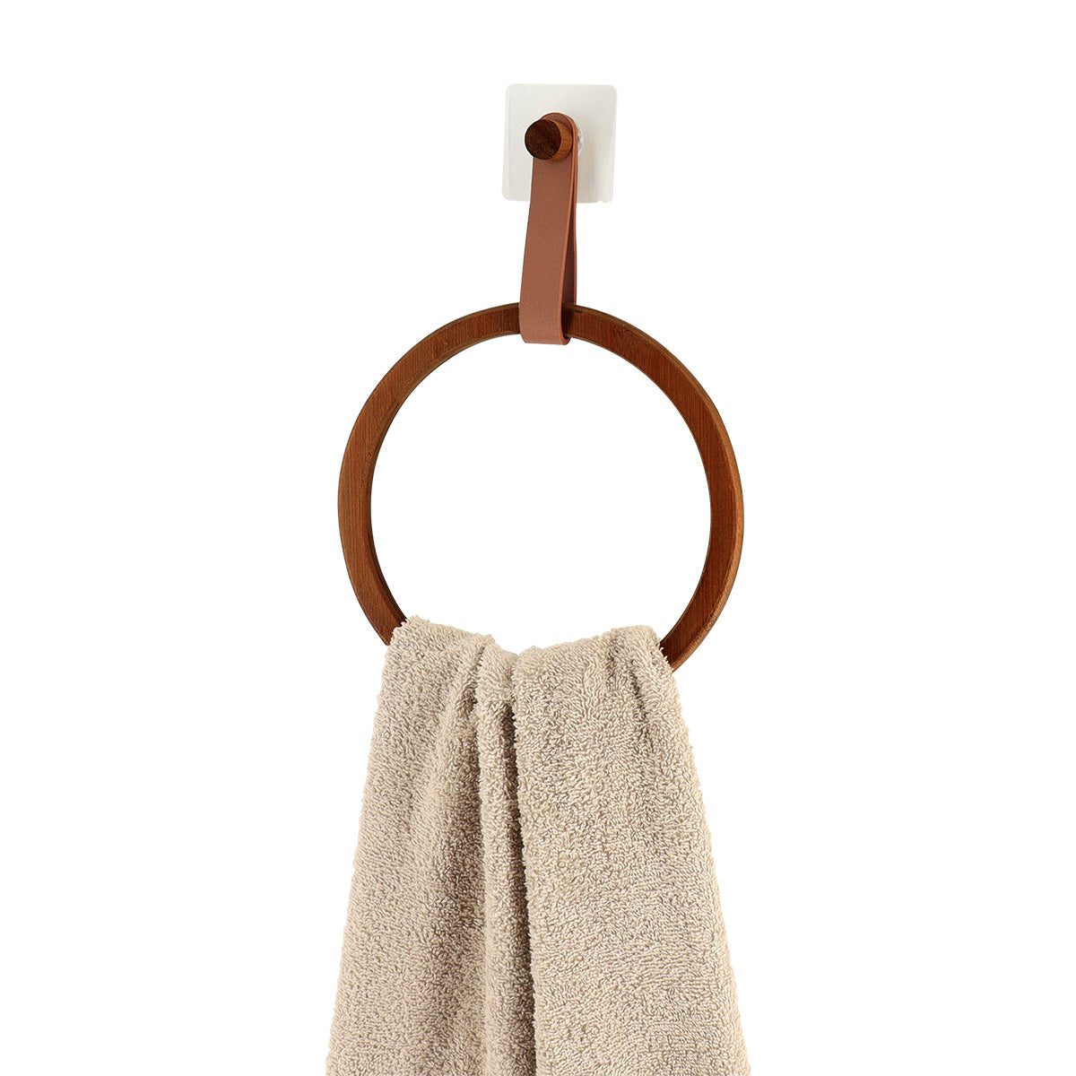 Suport prosop rotund din bambus + curea imitație piele pe sticker – DARK NATURAL