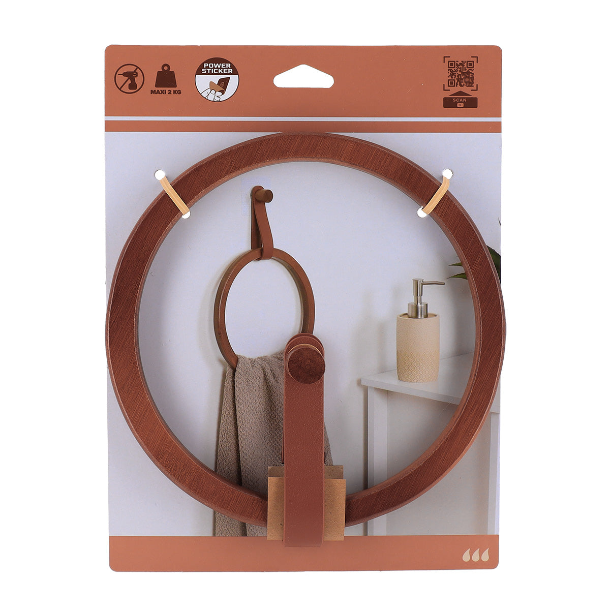 Suport prosop rotund din bambus + curea imitație piele pe sticker – AMBER