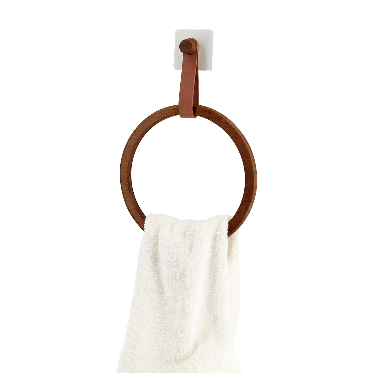 Suport prosop rotund din bambus + curea imitație piele pe sticker – AMBER