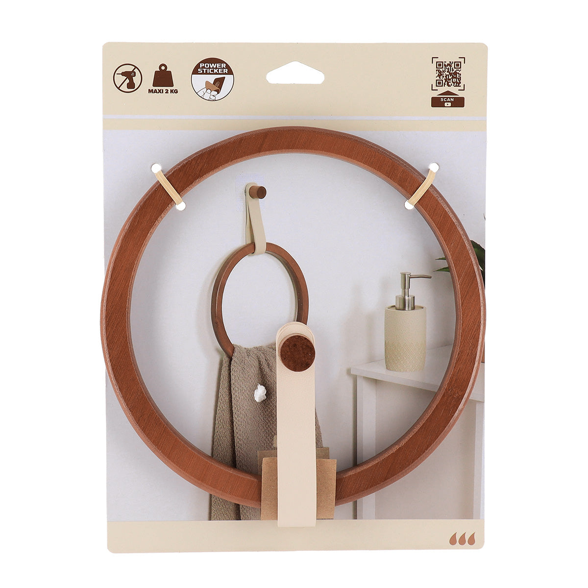 Suport prosop rotund din bambus + curea imitație piele pe sticker – CREAM