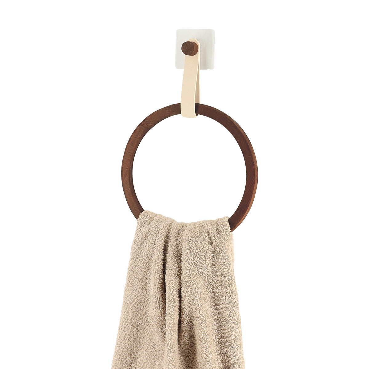 Suport prosop rotund din bambus + curea imitație piele pe sticker – CREAM