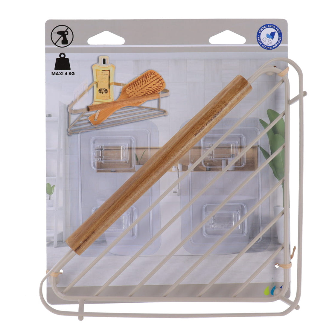 Etajeră de colț din sârmă oțel vopsit cu bară din lemn de acacia – fixare adezivă sau cu șuruburi – bej