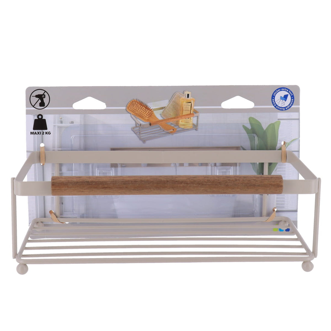 Etajeră rectangulară din sârmă oțel vopsit cu bară din lemn de acacia – fixare adezivă sau cu șuruburi – bej