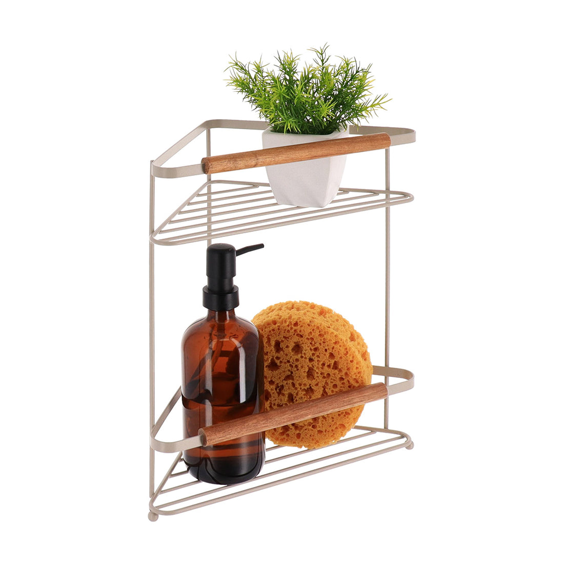 Etajeră de colț din oțel vopsit cu 2 niveluri – decor acacia – bej natural