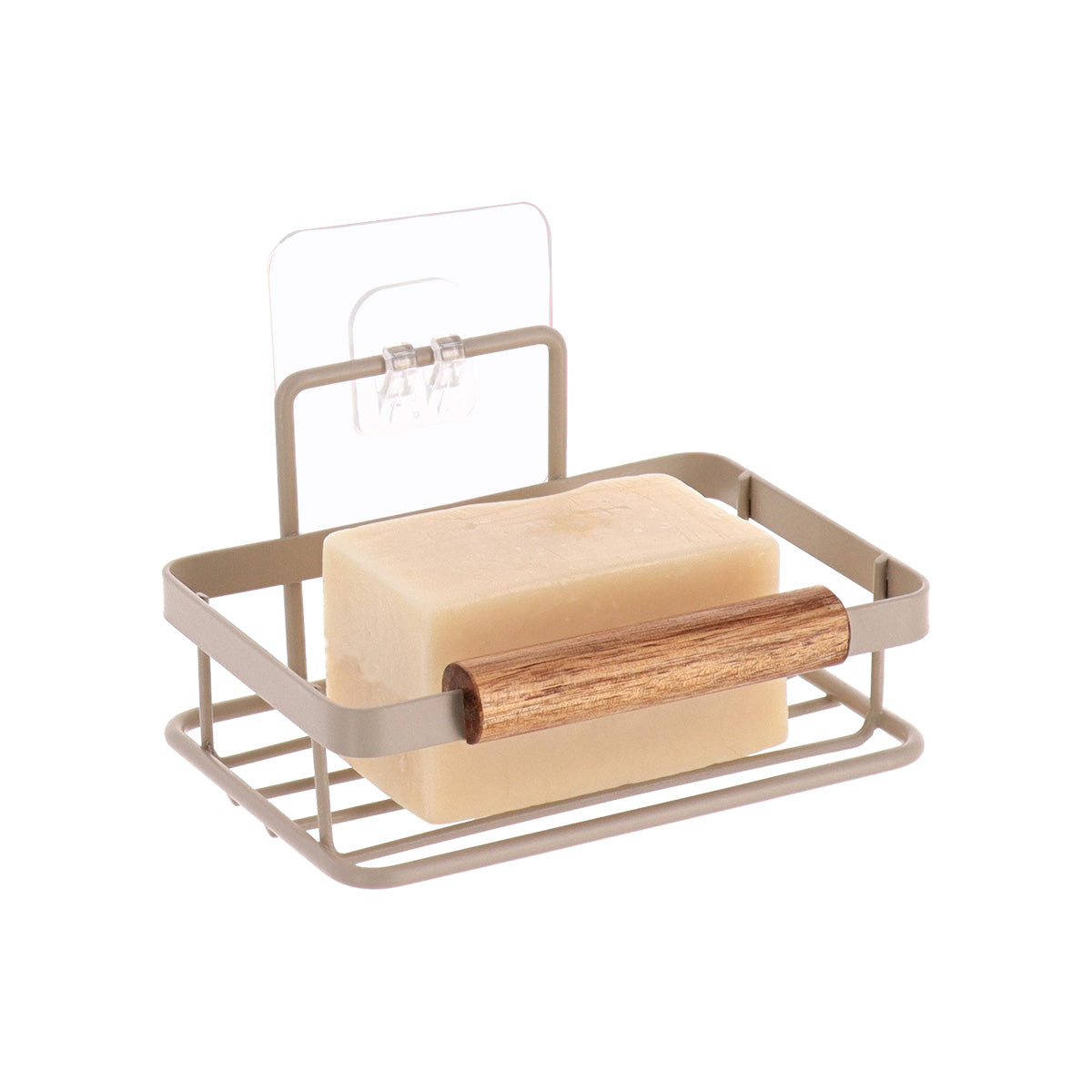 Săpunieră din sârmă oțel vopsit cu bară din lemn de acacia – bej