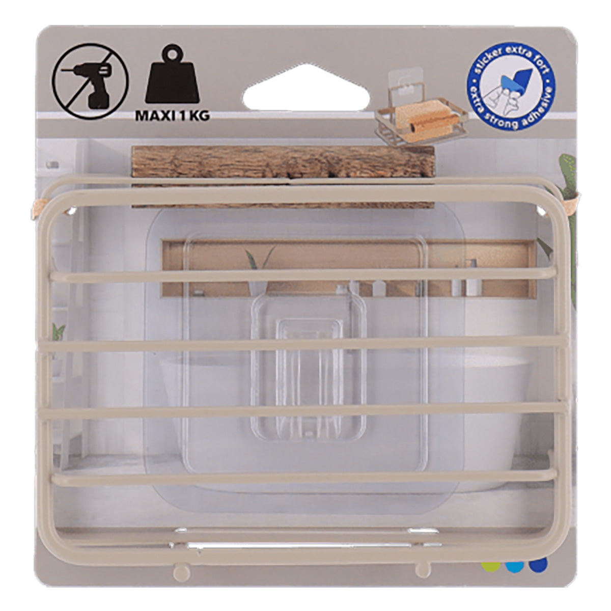 Săpunieră din sârmă oțel vopsit cu bară din lemn de acacia – bej