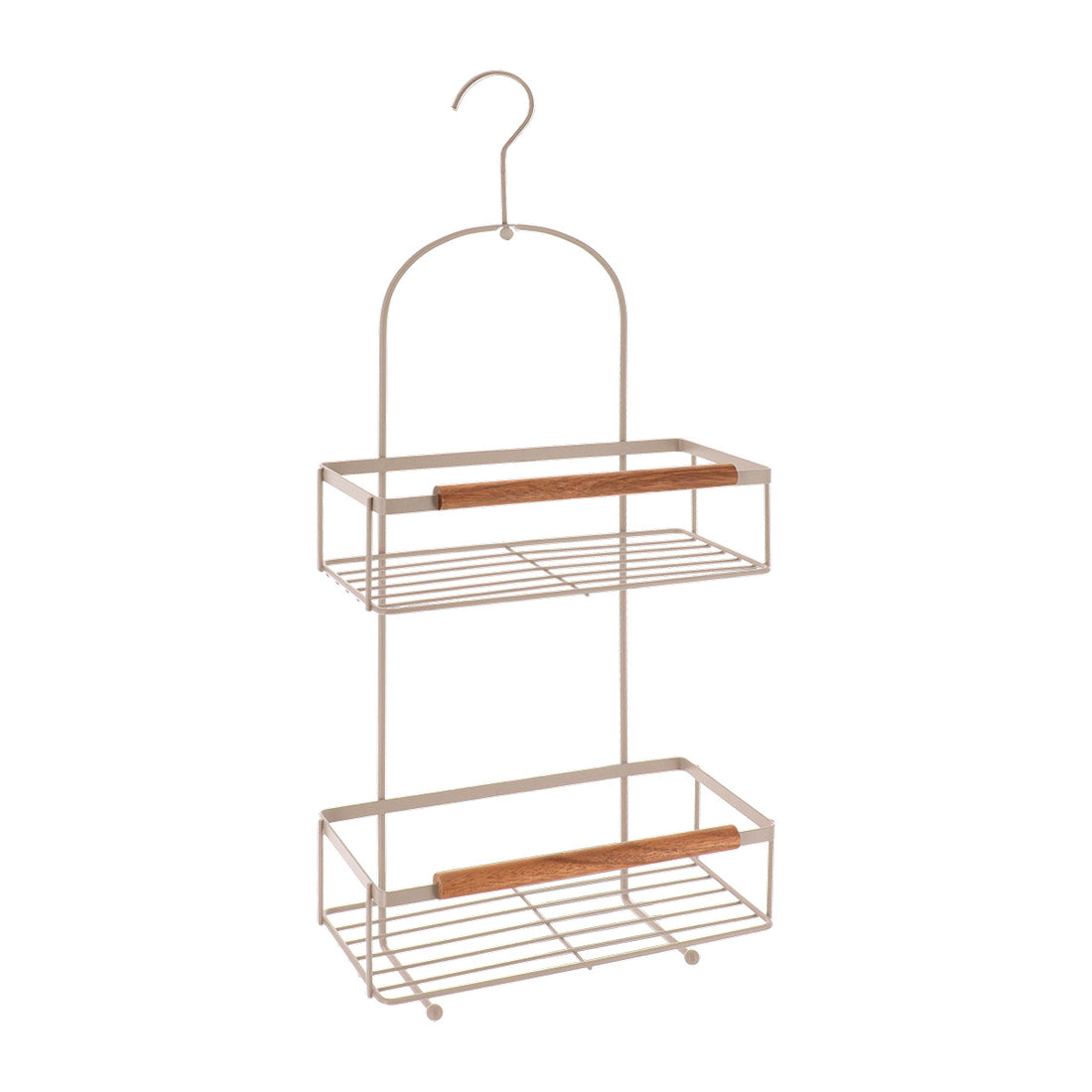 Etajeră de colț din sârmă oțel vopsit cu 2 niveluri – bară din acacia – bej natural