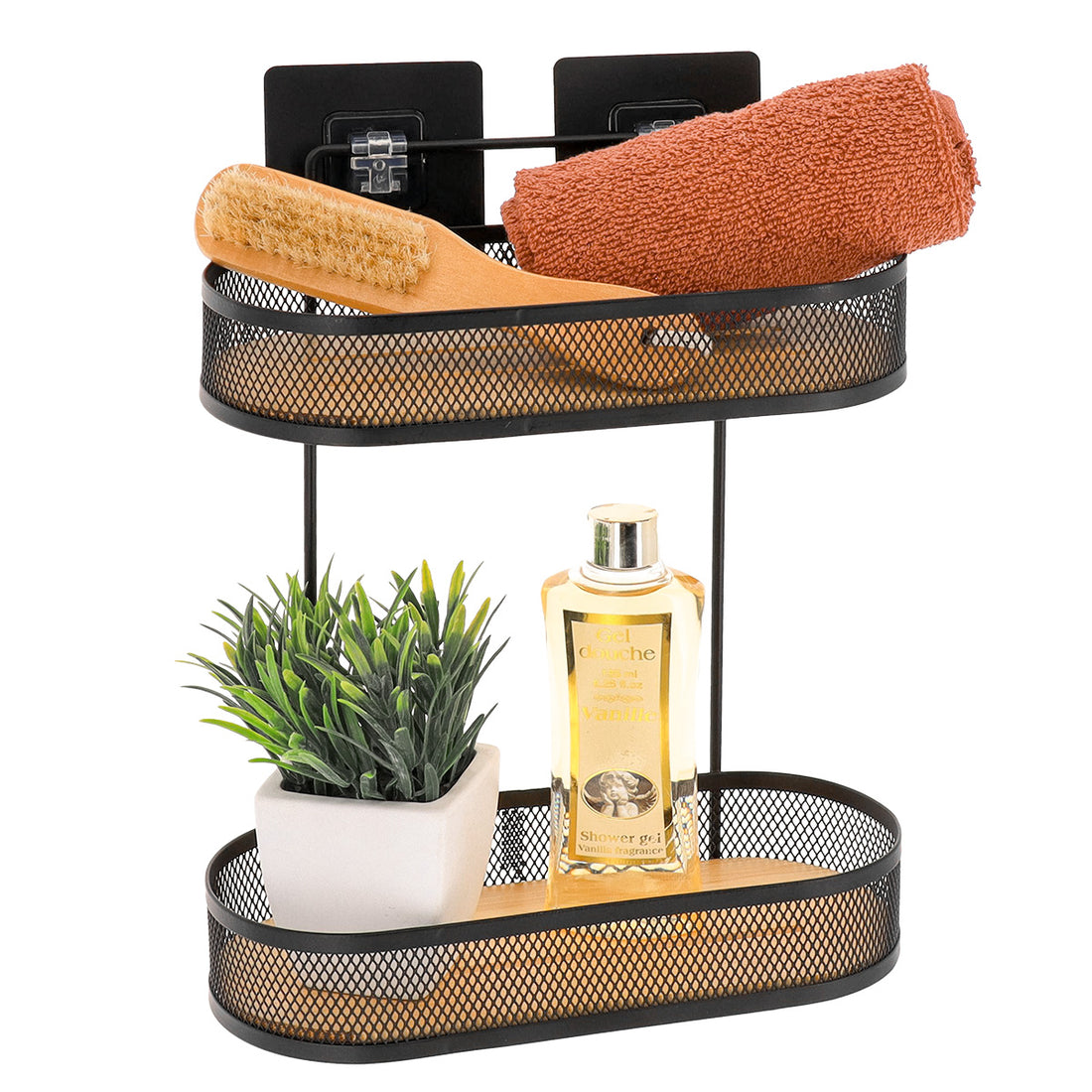 Etajeră ovală din metal cu 2 niveluri – rafturi bambus – adeziv 3M – negru mat