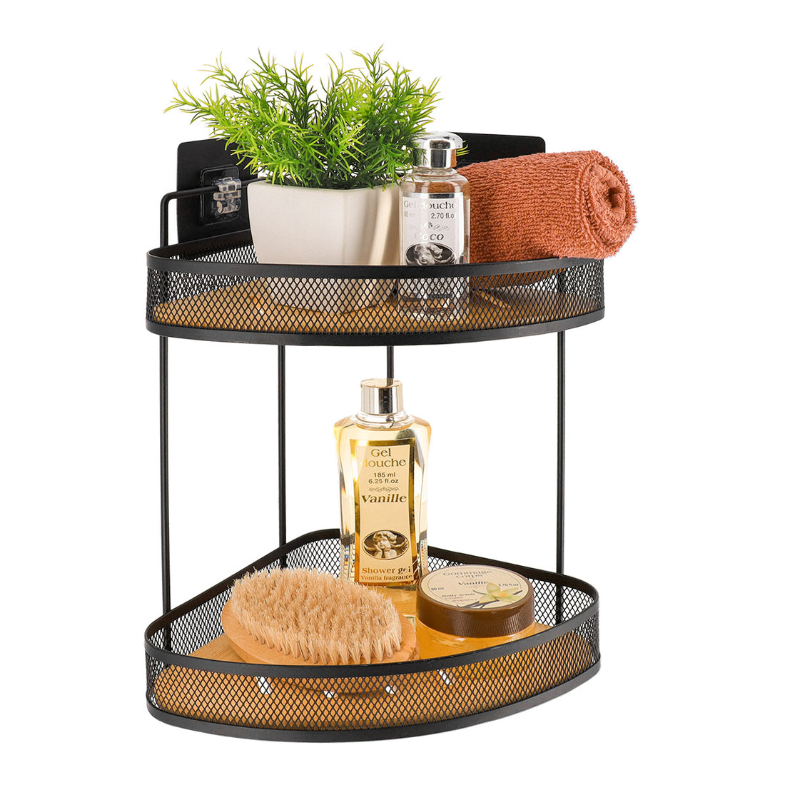 Etajeră de colț din metal cu 2 niveluri – bambus – adeziv 3M – negru mat