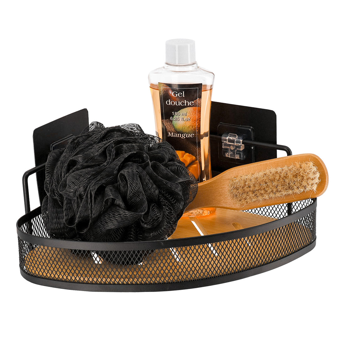 Etajeră de colț din metal cu bambus – adeziv 3M – negru mat