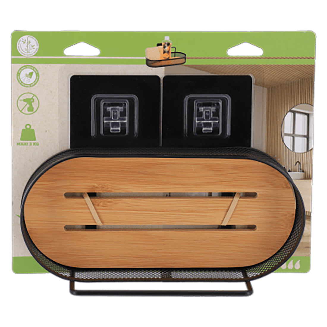 Etajeră ovală din metal cu rafturi din bambus – adeziv 3M – negru mat