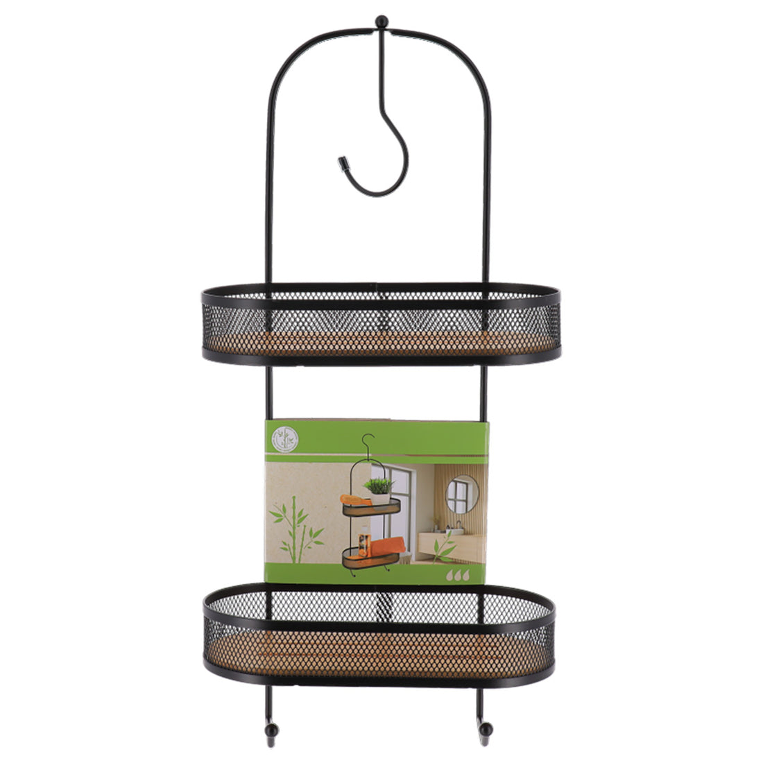 Etajeră de duș cu 2 niveluri și cârlige – metal și bambus – negru mat