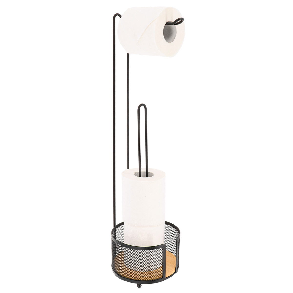 Dispenser hârtie igienică + rezervă – metal și bambus – negru mat