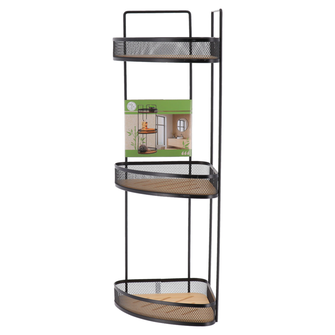Etajeră de colț cu 3 niveluri – metal și bambus – negru mat