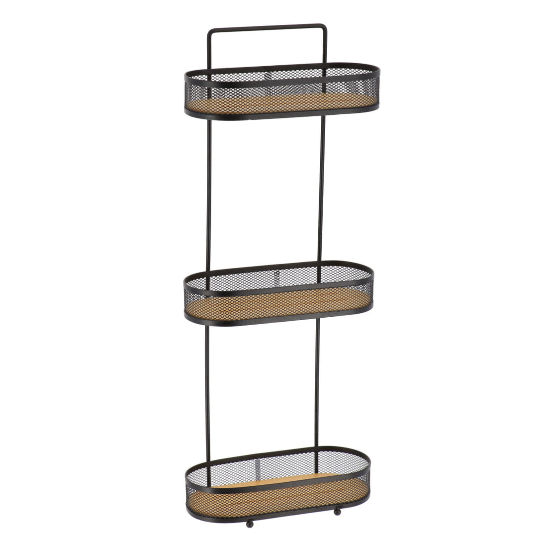 Etajeră ovală din metal cu 3 niveluri – rafturi bambus – amplasabilă – negru mat