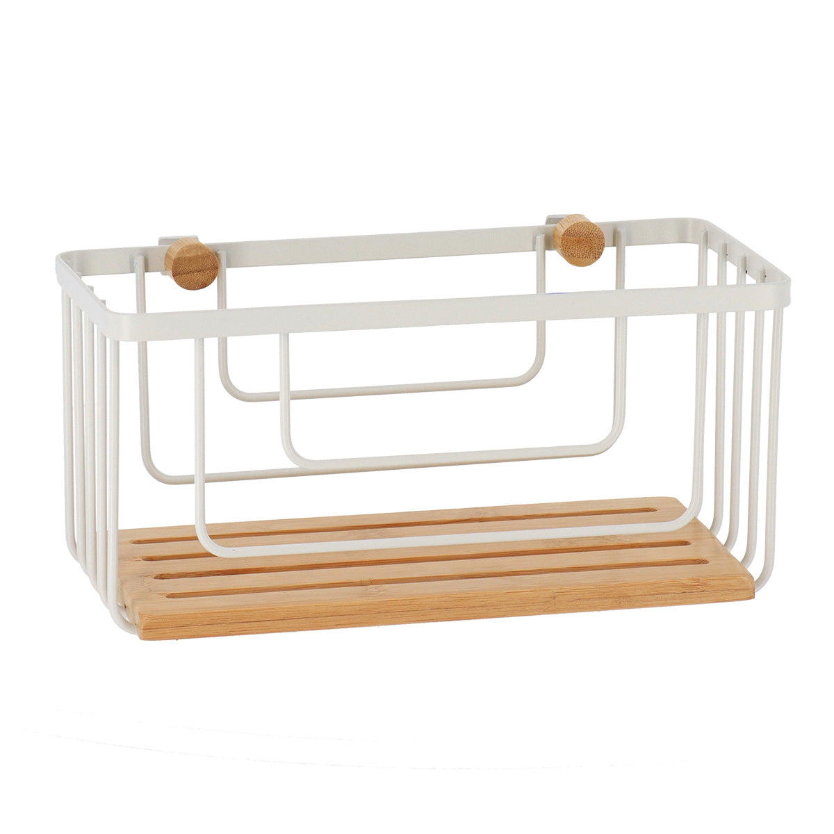 Coș rectangular din metal cu detalii bambus – Alb mat