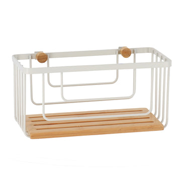 Coș rectangular din metal cu detalii bambus – Alb mat