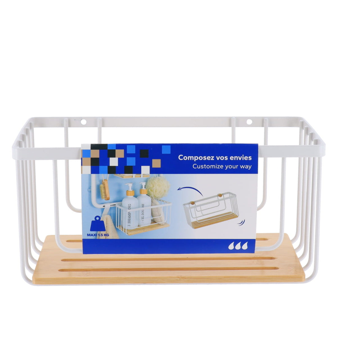 Coș rectangular din metal cu detalii bambus – Alb mat