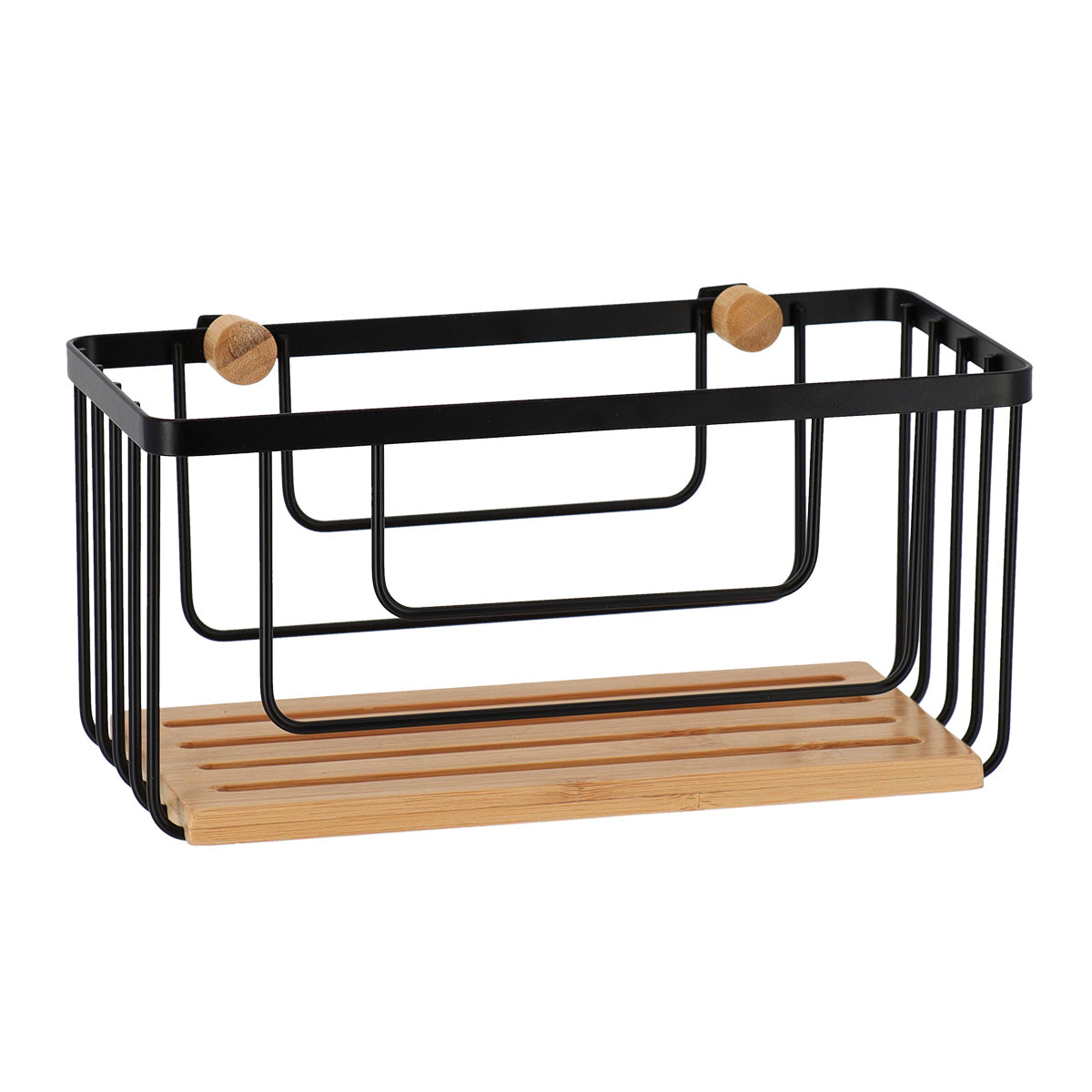 Coș rectangular din metal cu detalii bambus – Negru mat