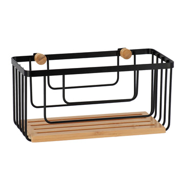 Coș rectangular din metal cu detalii bambus – Negru mat