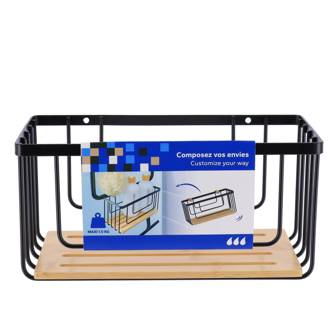 Coș rectangular din metal cu detalii bambus – Negru mat