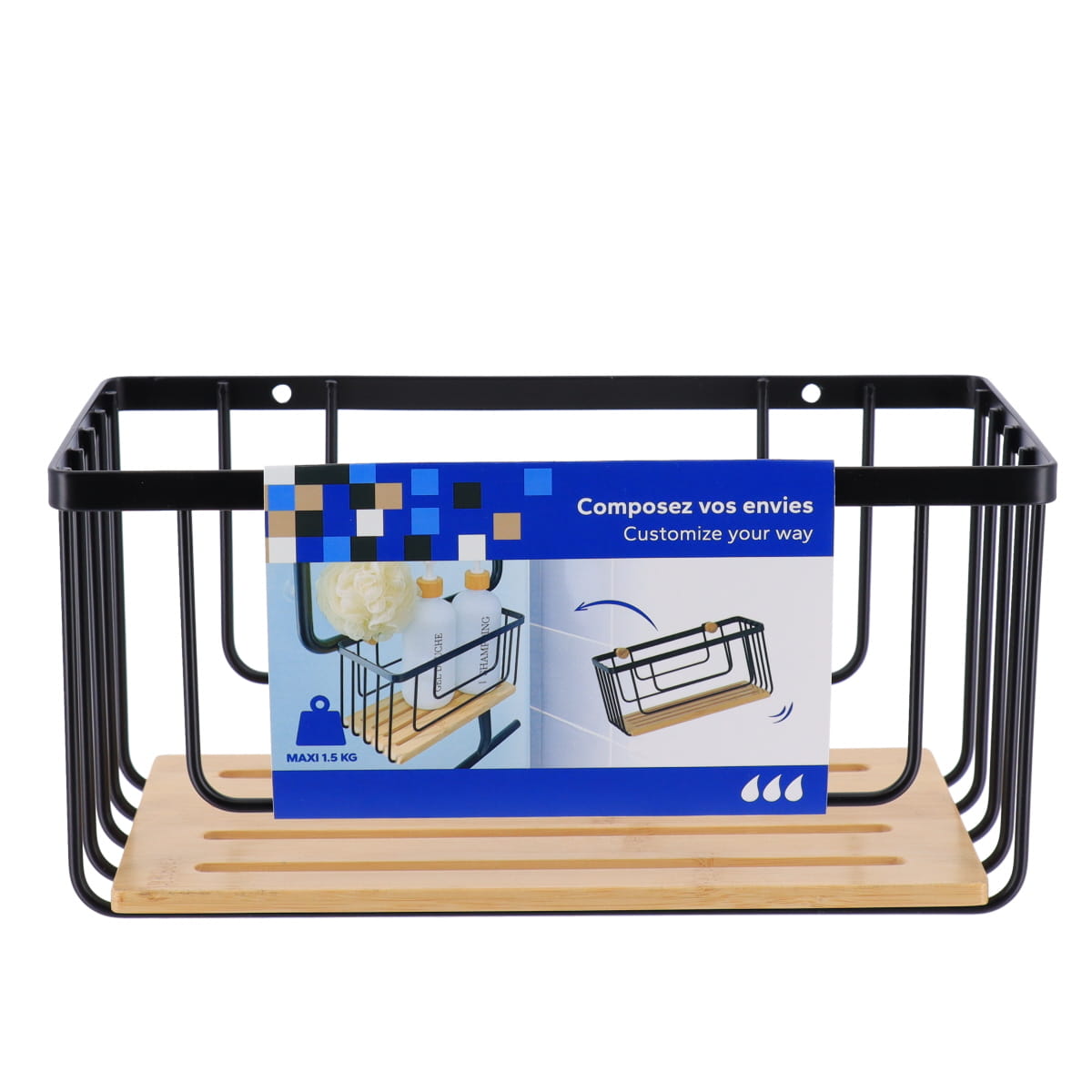 Coș rectangular din metal cu detalii bambus – Negru mat