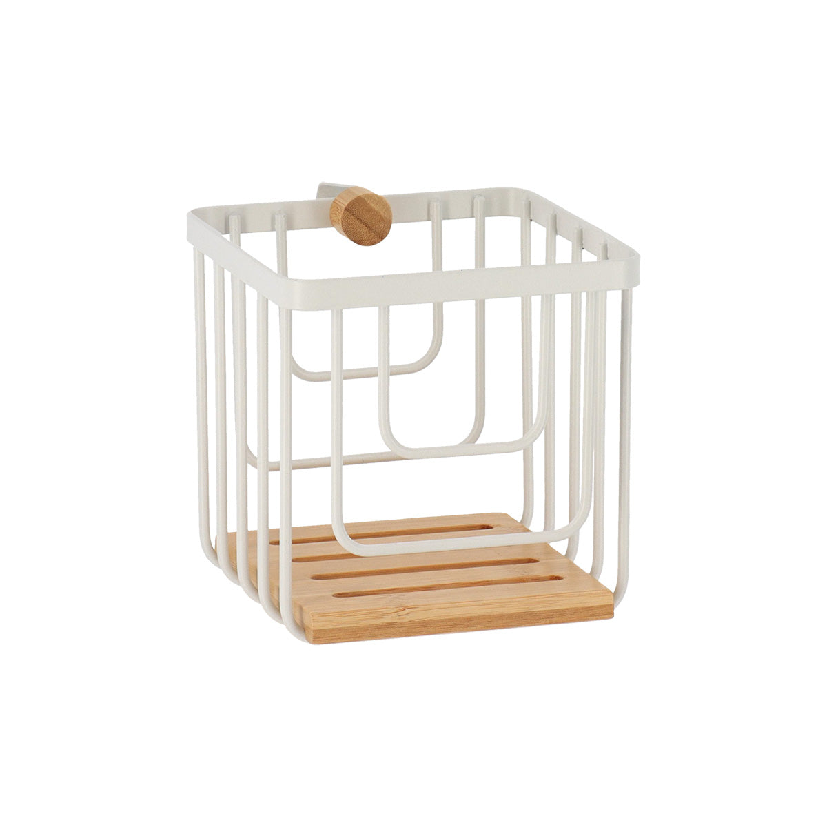 Coș pătrat din metal cu detalii bambus – Alb mat