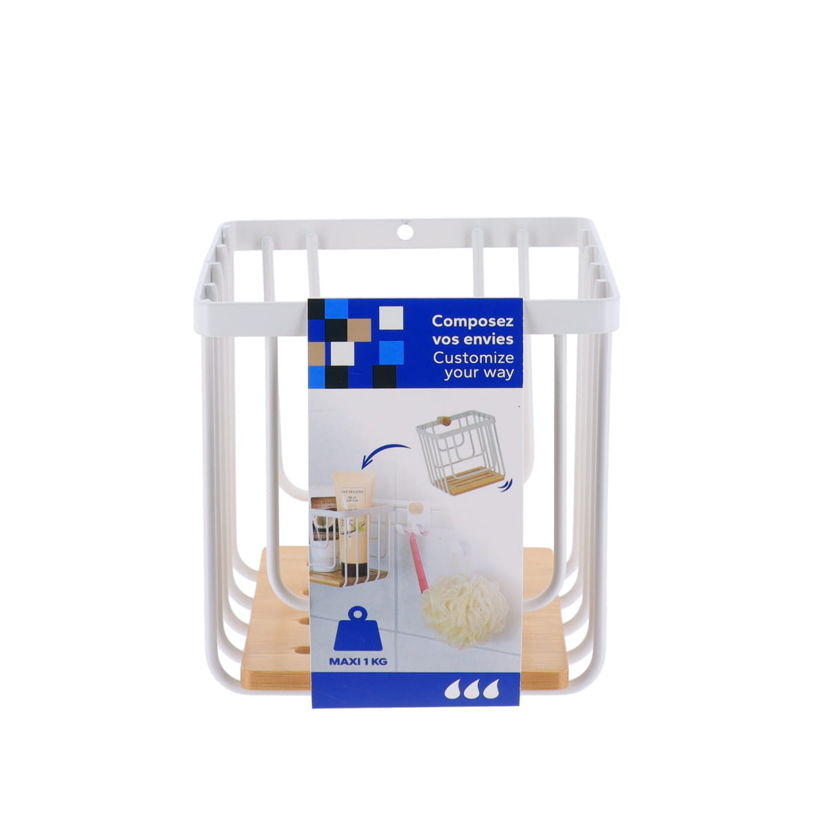 Coș pătrat din metal cu detalii bambus – Alb mat