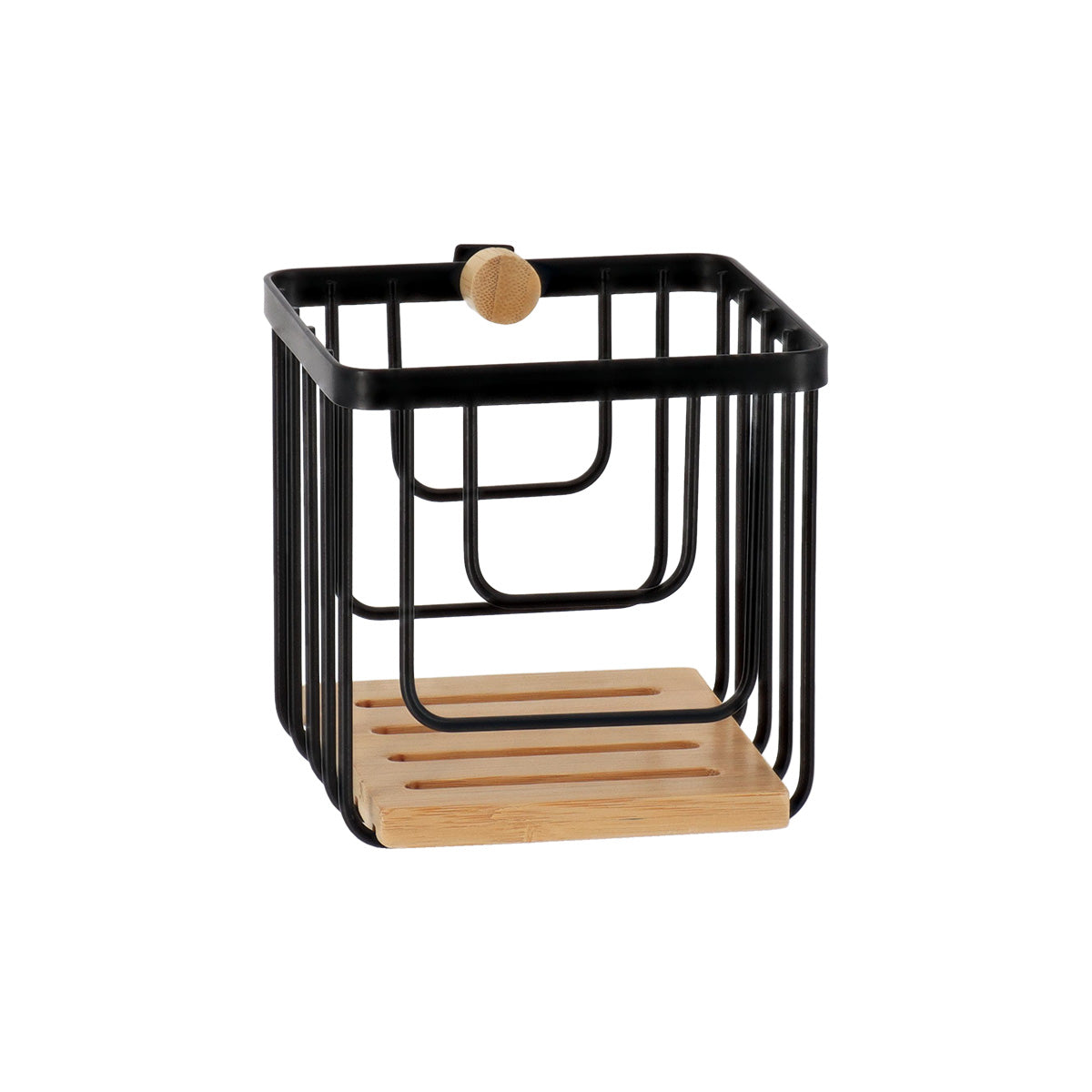 Coș pătrat din metal cu detalii bambus – Negru mat
