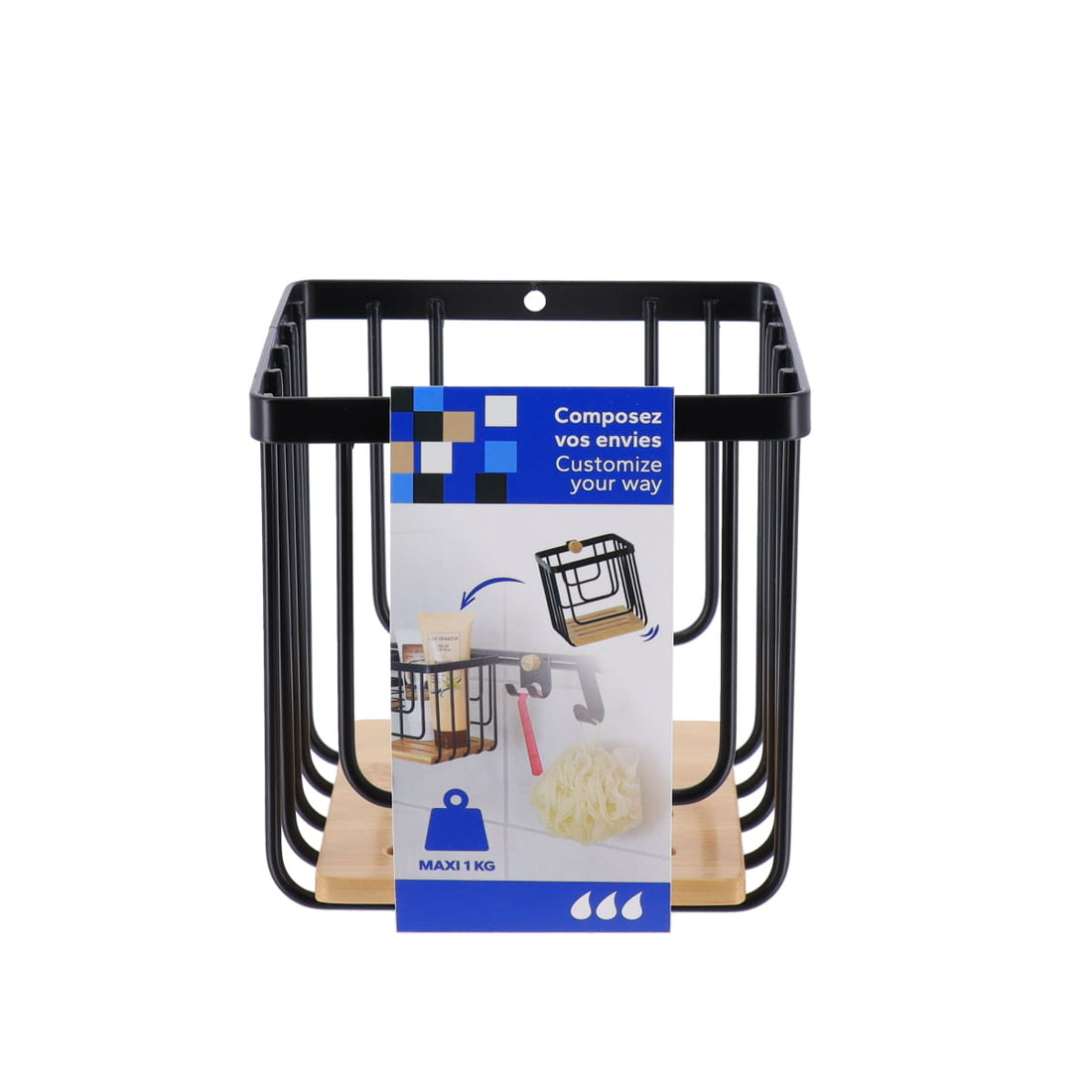 Coș pătrat din metal cu detalii bambus – Negru mat