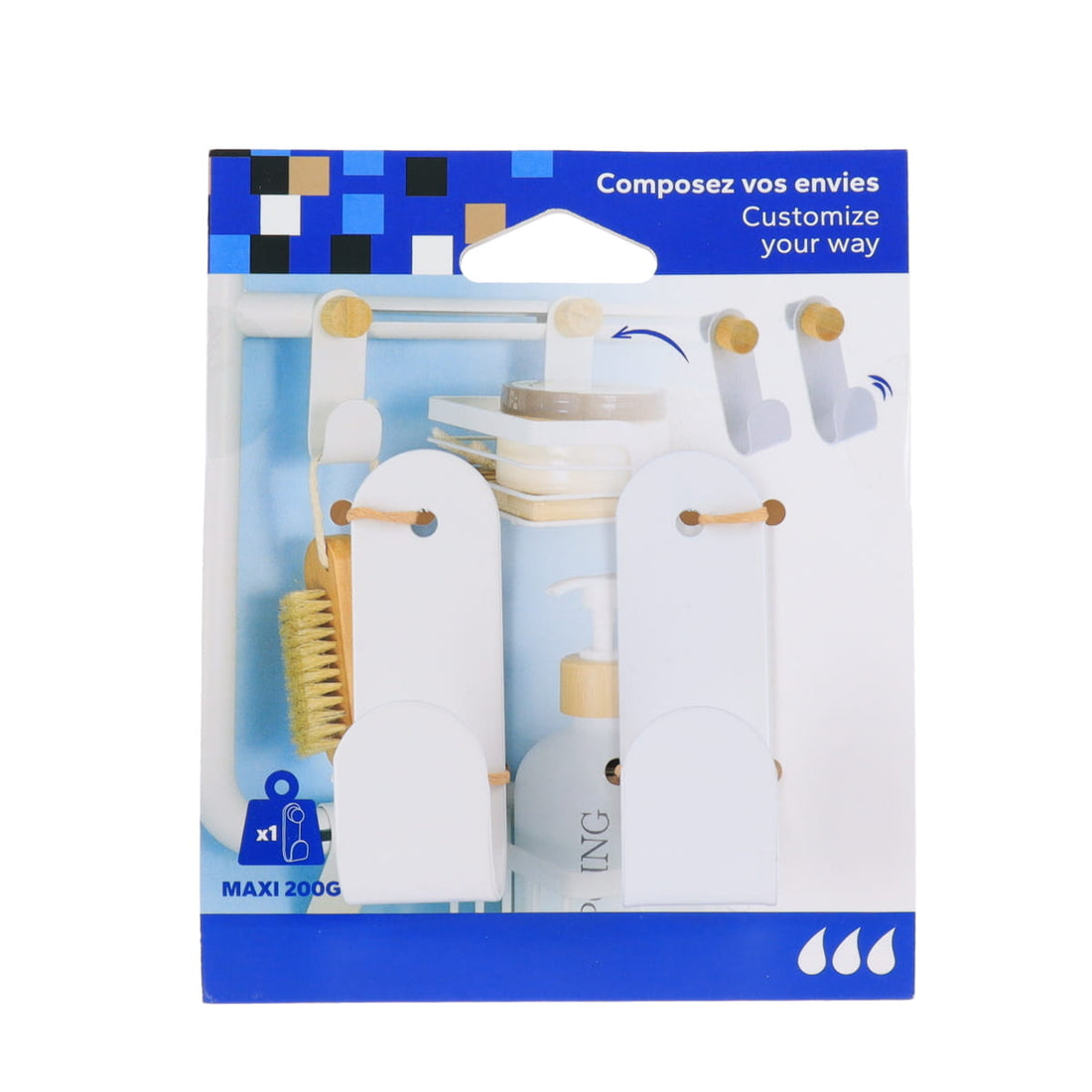 Set 2 cârlige metalice + 2 șuruburi din bambus – Alb mat