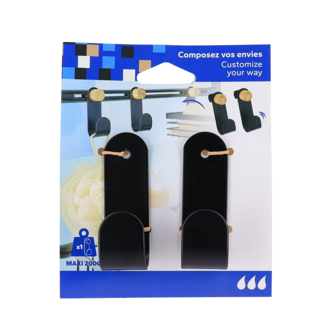 Set 2 cârlige metalice + 2 șuruburi din bambus – Negru mat