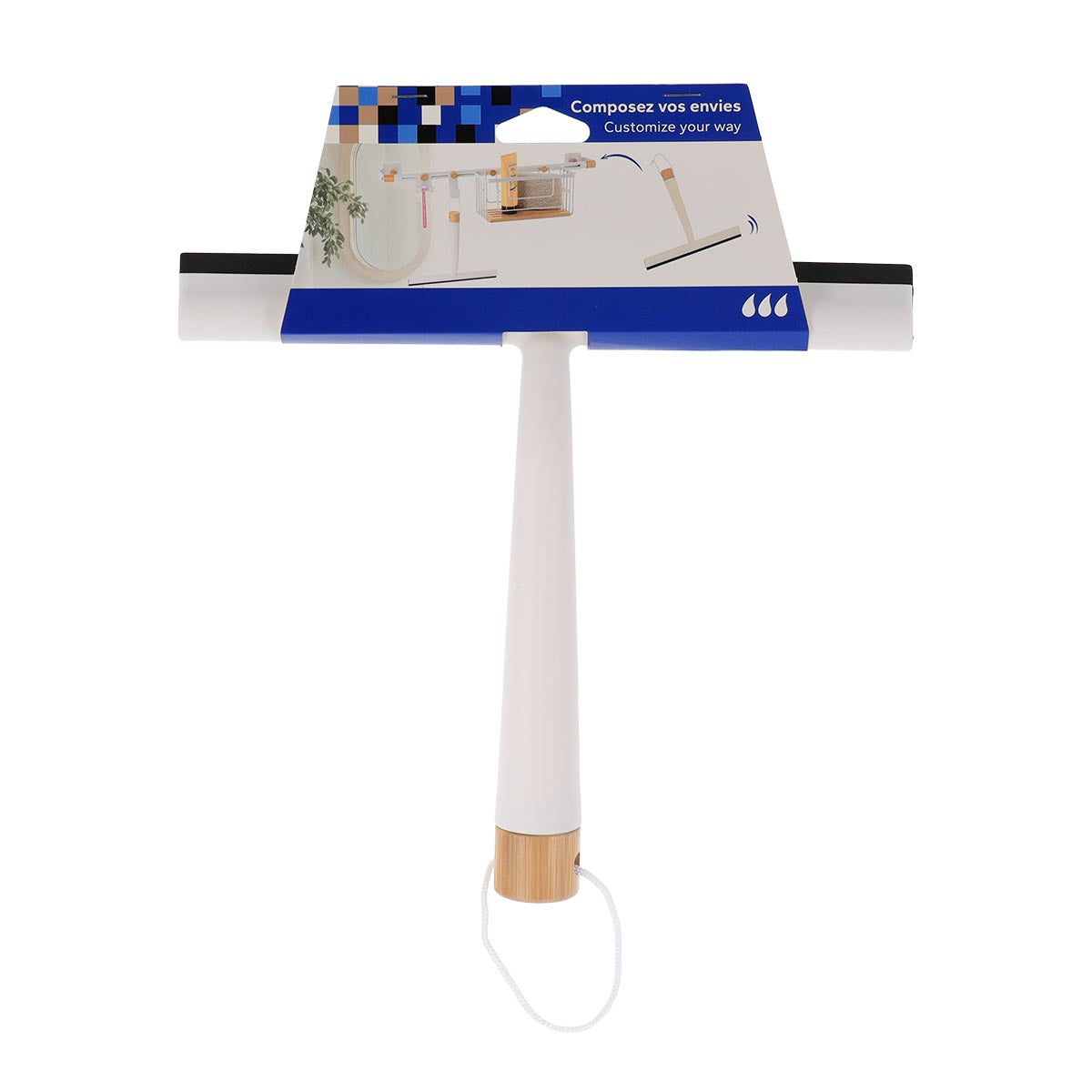 Racletă de duș PP/TPR cu mâner din bambus – Alb mat