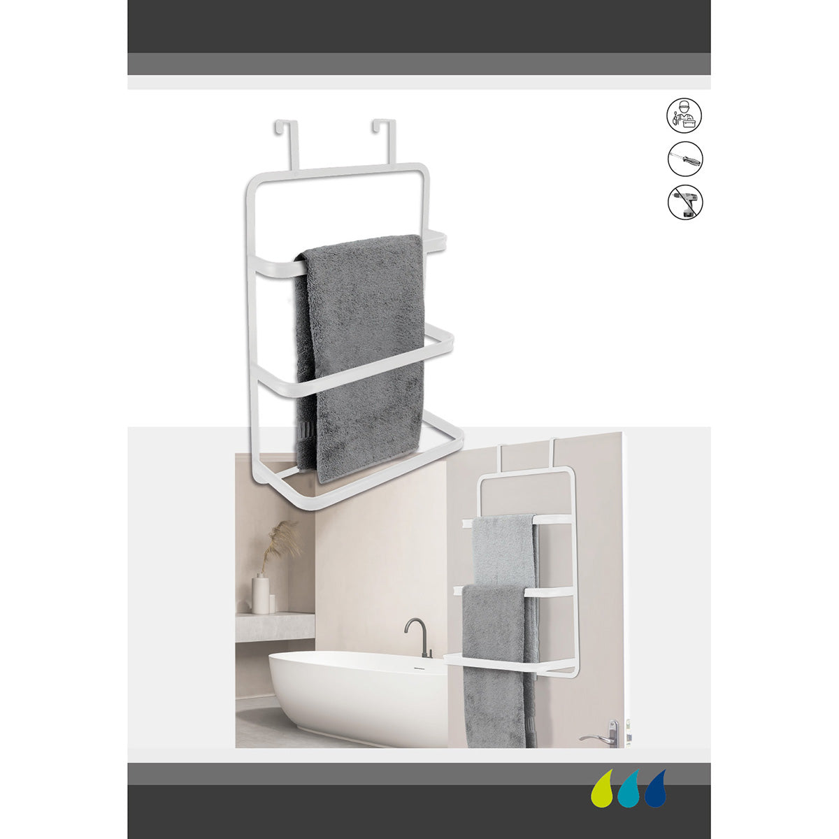 Suport metalic pentru prosoape cu 3 bare – montaj peste ușă – WHITE