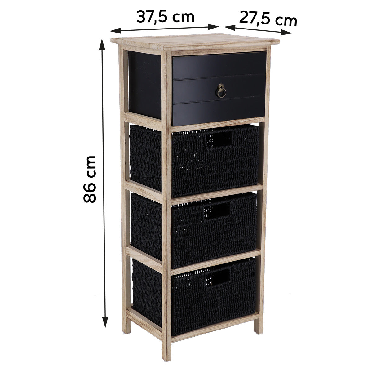 Mobilier din MDF și lemn de paulownia cu 1 sertar și 3 coșuri din hârtie – Negru/Natural
