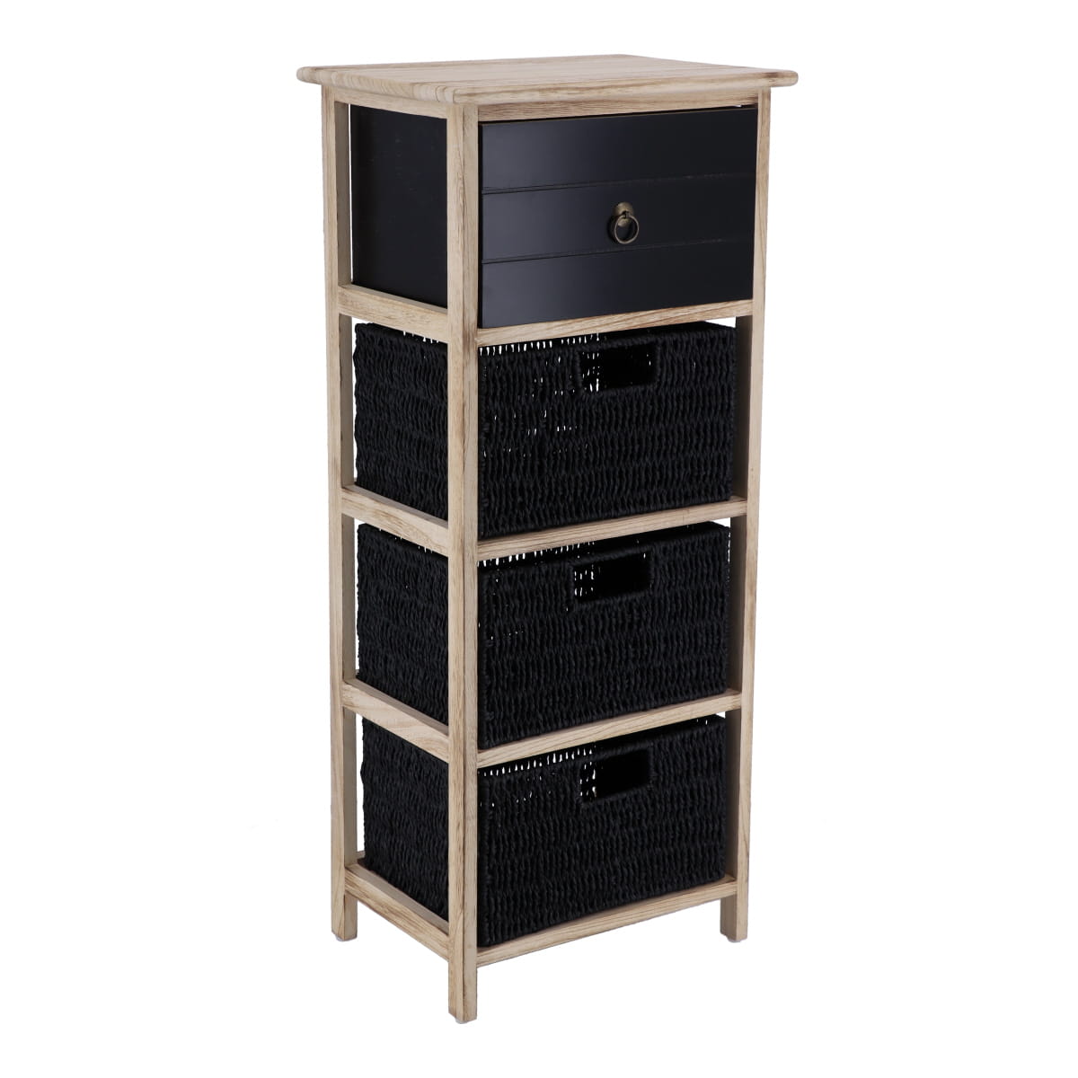 Mobilier din MDF și lemn de paulownia cu 1 sertar și 3 coșuri din hârtie – Negru/Natural