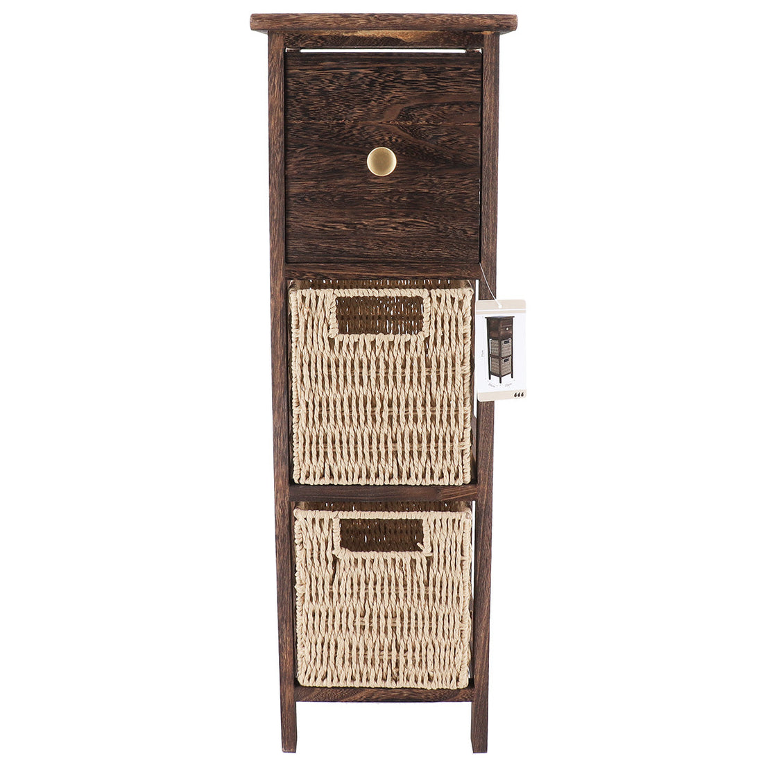 Mobilier din Paulownia/MDF cu 1 Sertar, Buton Negru și 2 Coșuri din Hârtie - Maro/Natural