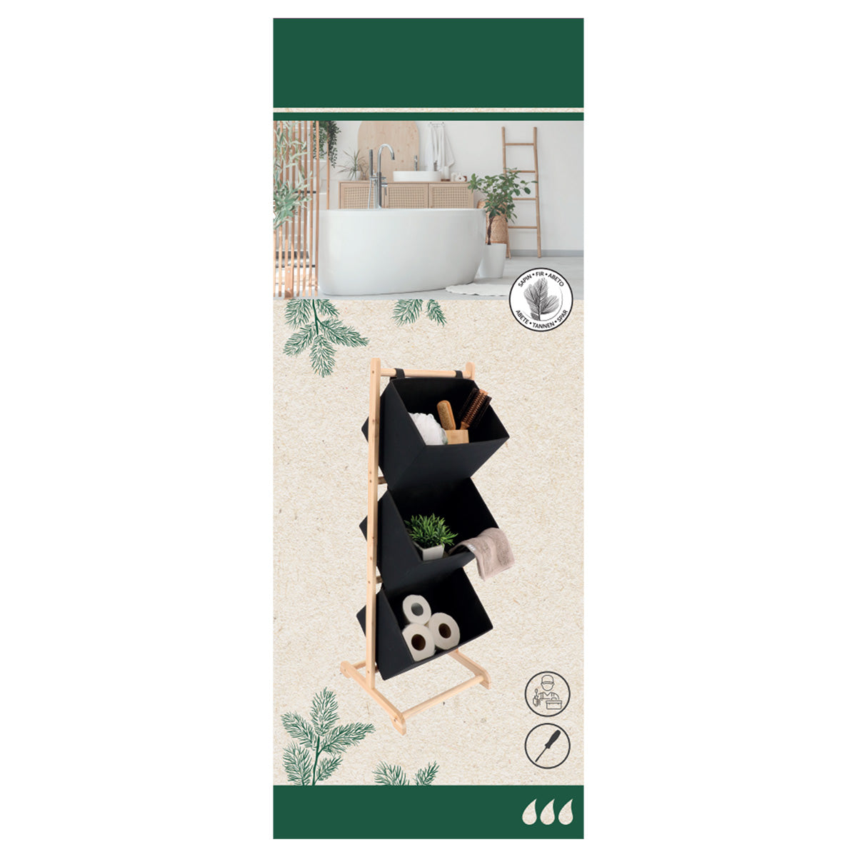 Mobilier baie din lemn de brad cu 3 coșuri din poliester – Natural/Negru